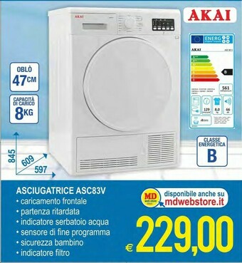 MD Discount Akai ASC83V Libera Installazione Caricamento Frontale Bianco 8 Kg B offerta