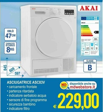 MD Discount Akai ASC83V Libera Installazione Caricamento Frontale Bianco 8 Kg B offerta