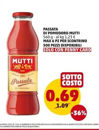 PENNY Mutti Passata Di Pomodoro 560 G(ml) offerta