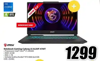 MediaWorld msi Notebook Gaming Cyborg 15 A12VF-478IT offerta