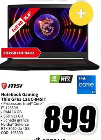 MediaWorld msi Notebook Gaming Thin GF63 12UC-845IT offerta