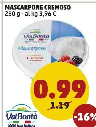 PENNY Valbontà Mascarpone Cremoso 250 G(ml) offerta