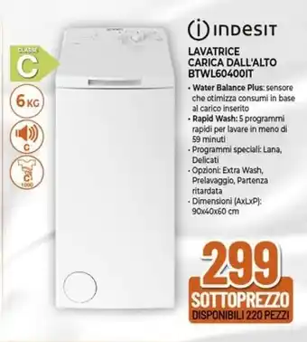 Expert Indesit LAVATRICE CARICA DALL'ALTO BTWL604001T offerta