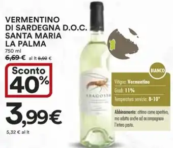 Ipercoop VERMENTINO ARAGOSTA RENATA D.O.C. CANTINA SANTA MARIA LA PALMA 750 ml offerta