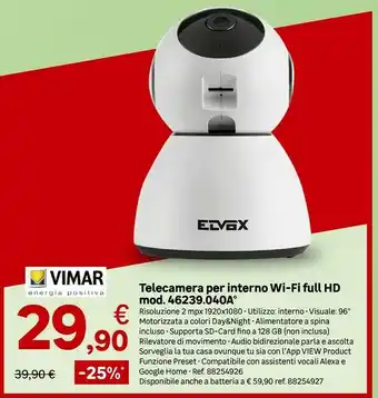 Leroy Merlin Vimar Telecamera Per Interno Wi-Fi Full HD Mod. 46239.040A° offerta