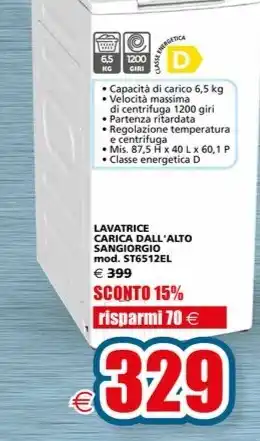 Il Gigante LAVATRICE CARICA DALL'ALTO SANGIORGIO mod. ST6512EL offerta
