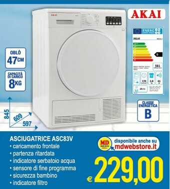 MD Discount Akai ASC83V Libera Installazione Caricamento Frontale Bianco 8 Kg B offerta