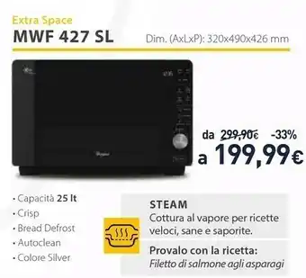 Unieuro Whirlpool MWF 427 SL Superficie Piana Microonde Combinato 25 L 800 W Nero, Argento offerta