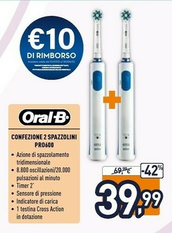 Unieuro Oral b Oral-B PRO 600 Cross Action Adulto BIPACCO 2 Spazzolini - Rotante-oscillante Blu, Bianco offerta