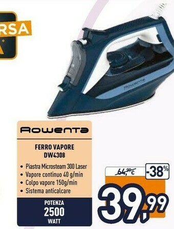 Unieuro Rowenta DW4308 Express Steam, Ferro Da Stiro, Microsteam300 LASER Per Ottima Diffusione Del Vapore, Emissione Continua Di Vap offerta