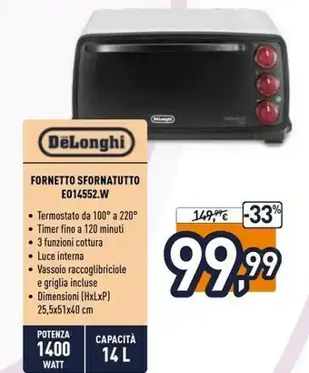 Unieuro DeLonghi EO 14552.W Fornetto Con Tostapane 14 L Nero, Bianco Grill 800 W offerta