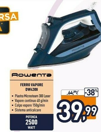 Unieuro Rowenta DW4308 Express Steam, Ferro Da Stiro, Microsteam300 LASER Per Ottima Diffusione Del Vapore, Emissione Continua Di Vap offerta