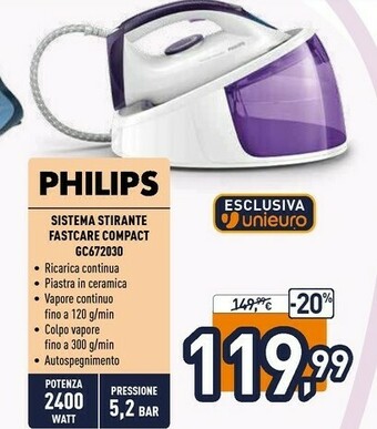 Unieuro Philips FastCare Compact Ferro Generatore Vapore GC6720/30, Fino A 5,2 Bar Di Pressione Della Pompa offerta