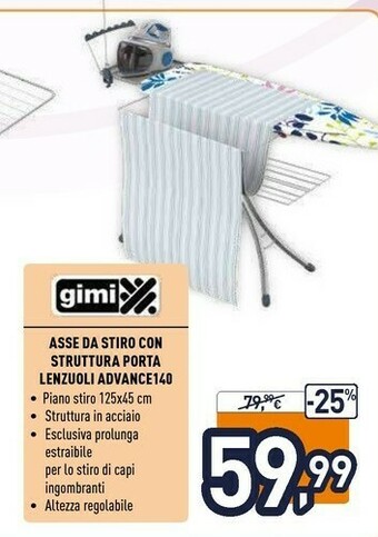 Unieuro Gimi Asse Da Stiro Con Struttura Porta Lenzuoli Advance 140 offerta