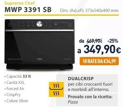Whirlpool MWP 3391 SB Superficie Piana Microonde Combinato 33 L 1000 W  Nero, Argento offerta di Unieuro