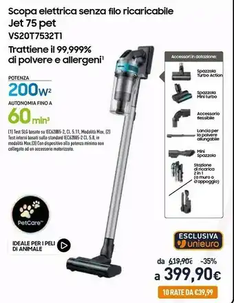 Unieuro Samsung VS20T7532T1/EU Senza Sacchetto 0,8 L 550 W Nero, Colore Menta, Argento offerta