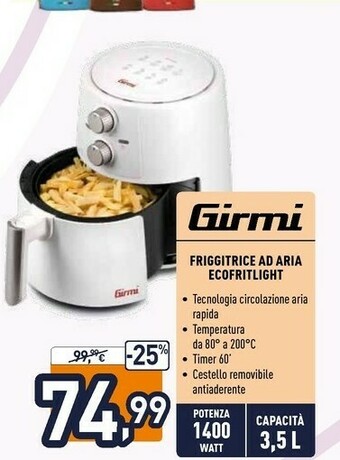 Unieuro Girmi Friggitrice Ad Aria Ecofritlight offerta