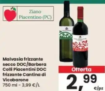 Eurospar Malvasia frizzante secco DOC/Barbera Colli Piacentini DOC frizzante Cantina di Vicobarone 750 ml offerta