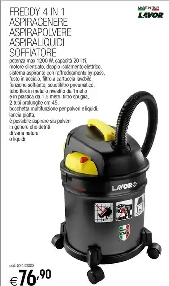Lavor Freddy 4 In 1 Aspiracenere Aspirapolvere Aspiraliquidi Soffiatore