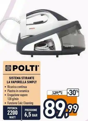Unieuro Polti Vaporella Simply VS10.12 2200 W 1.5 L Ceramic Soleplate Black,Grey,White offerta