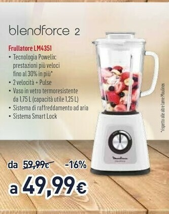 Unieuro Moulinex LM4351 BlendForce 2, Frullatore, Tecnologia Powelix, Lame Affilate, Vaso Termoresistente 1.7 L, Sistema Di Raffredda offerta
