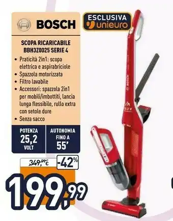 Unieuro Bosch Serie 4 BBH3ZOO25 Scopa Elettrica Senza Sacchetto Rosso 0,4 L offerta
