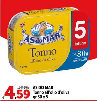 Carrefour Market AS DO MAR Tonno all'olio d'oliva gr 80 x 5 offerta