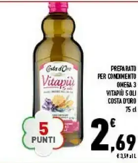 Conad Superstore Costa d'Oro 5 Oli Girasole, Vinacciolo, Mais, Lino, Riso Vitapiù 750 G(ml) offerta