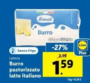 Lidl Latteria Burro pastorizzato latte italiano 250 g confezione offerta