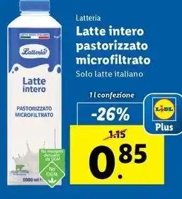 Lidl Latteria Latte intero pastorizzato microfiltrato 1 l confezione offerta