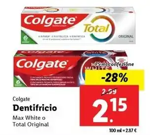 Lidl Colgate Dentifricio Max White o Total Original 75ml confezione offerta