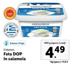 Lidl Eridanous Feta DOP in salamoia 400 g (sgocc.) conf. offerta
