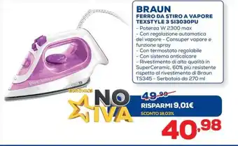 Euronics BRAUN FERRO DA STIRO A VAPORE TEXSTYLE 3 SI3030PU offerta
