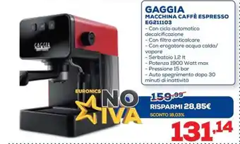 Euronics GAGGIA MACCHINA CAFFÈ ESPRESSO EG211103 offerta