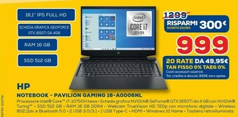 Euronics Pavilion gaming 16-a0006nl computer portatile 40,9 cm (16.1") full hd intel® core™ i7 di decima generazione 16 gb ddr4-sdram offerta