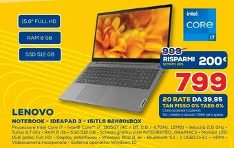 Euronics Ideapad 3 15itl6 computer portatile 39,6 cm (15.6") full hd intel® core™ i7 di undicesima generazione 8 gb ddr4-sdram 512 gb offerta