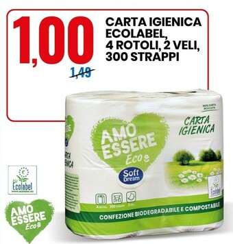 Eurospin Carta igienica ecolabel 4 rotoli, 2 veli, 300 strappi offerta