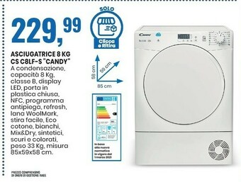 Eurospin Smart cs c8lf-s asciugatrice libera installazione caricamento frontale 8 kg b bianco offerta