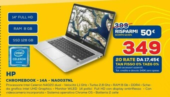 Euronics Chromebook 14a-na0037nl 35,6 cm (14") full hd intel® celeron® 8 gb lpddr4-sdram 128 gb emmc wi-fi 5 (802.11ac) chrome os arge offerta