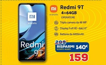 Euronics Redmi 9t 16,6 cm (6.53") doppia sim android 10.0 4g usb tipo-c 4 gb 64 gb 6000 mah blu offerta