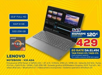 Euronics V15 ada computer portatile 39,6 cm (15.6") full hd amd ryzen 3 8 gb ddr4-sdram 256 gb ssd wi-fi 5 (802.11ac) freedos grigio offerta