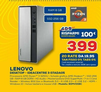 Euronics Ideacentre 07ada05 ddr4-sdram 3250u sff amd ryzen 3 8 gb 256 gb ssd windows 10 home pc grigio offerta