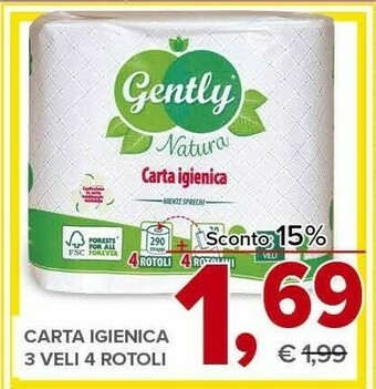 Todis Gently carta igienica 3 veli 4 rotoli offerta