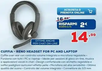 Euronics Cuffia reno headset for pc and laptop offerta