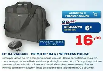 Euronics Kit da viaggio primo 16" bag + wireless mouse offerta