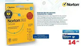 Euronics Norton 360 deluxe 2021 | antivirus per 3 dispositivi | licenza di 1 anno | secure vpn e password manager | pc, mac, tablet e offerta