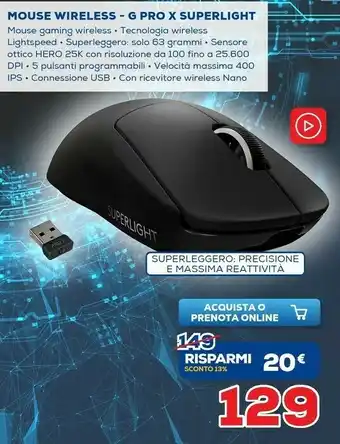 Euronics Logitech mouse wireless g pro x superlight offerta