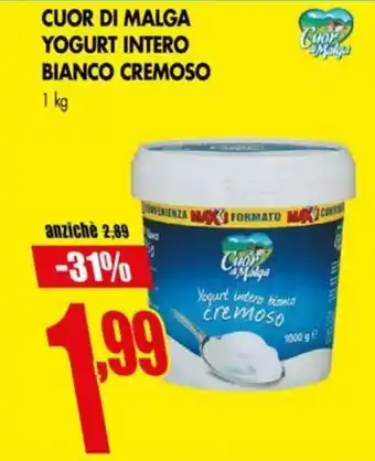 DPiù CUOR DI MALGA YOGURT INTERO BIANCO CREMOSO 1 kg offerta