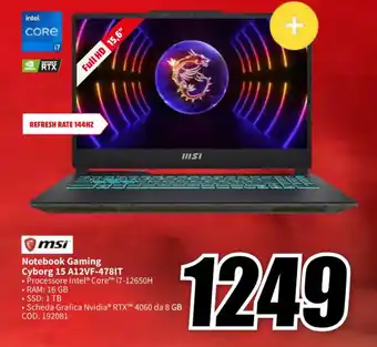 MediaWorld msi Notebook Gaming Cyborg 15 A12VF-478IT offerta
