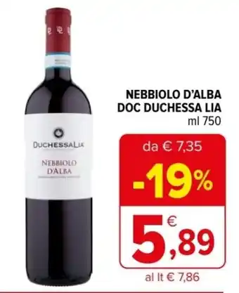 Iperal NEBBIOLO D'ALBA DOC DUCHESSA LIA ml 750 offerta